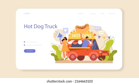 Hot dog web banner or landing page. Unhealthy fast food cooking, american snack with ketchup, bun and sausage. Delicious food with a bun and poured mustard. Flat vector illustration