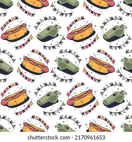 Hot dog and Whistle. Seamless pattern on a white background. Cute vector illustration.