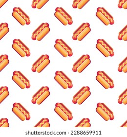 Hot Dog White seamless vector pattern with buns, sausages and mustard on top. Yummy Juicy Fast Food. Delicious Meal.