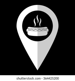 Hot dog - white vector icon;  map pointer