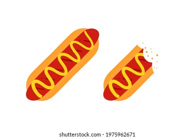 Hot dog whole and half-eaten with mustard sauce cute carton style vector icons, illustration.
