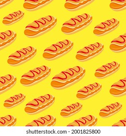 A hot dog will give you a delicious and satisfying lunch and will save your precious time, vector pattern on colored background