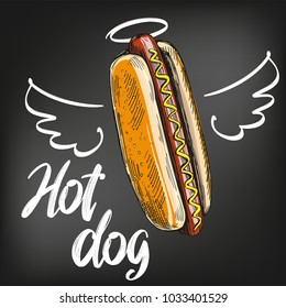 hot dog with wings and halo painted on a black chalkboard chalk, fast food, hand drawn vector illustration sketch. chalk menu. retro style