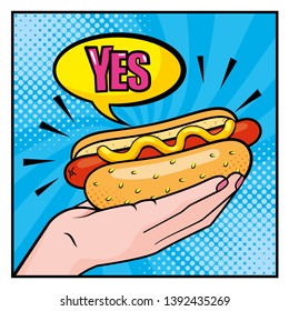 hot dog in the woman hand with yes chat bubble message