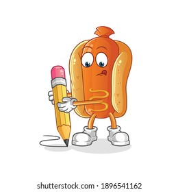 hot dog write with pencil character. cartoon mascot vector