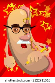 Hot Dog writing with pencil. American fast food as a cartoon character with face.