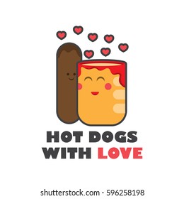 hot dog,fast food, sausage in a roll, junk food, minimalism,characters, love,it is done with loving care,vector image, flat design, Outline style