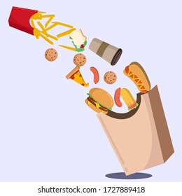 Hot dogs, burgers, bread, sausage fries, pizza and flying vegetables in carton packages