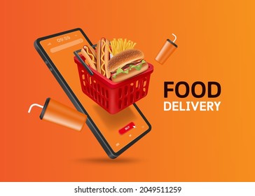 Hot dogs, burgers, french fries, and cans of cola float out of the red shopping basket and they all float in midair on the smartphone screen for food delivery and online shopping concept,vector 3d