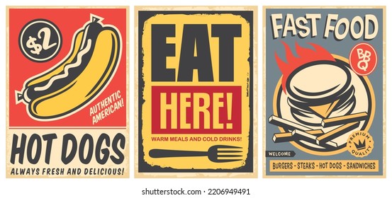 Hot dogs and burgers posters set for diner or fast food restaurant. Eat here retro advertisement. Food vector illustration.