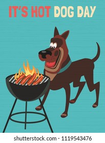 Hot dogs day greeting card. Cute cartoon dog cooking wieners on barbecue. July National holiday celebration. Grilled sausages. Template for food summer festival event background. Vector illustration
