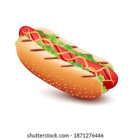 Hot dogs different variety of cooking with ketchup and mustard, side view. Isolated on white background. Fast Food. Vector EPS10