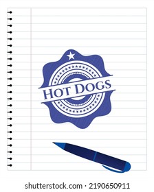 Hot Dogs drawn with pen. Blue ink. Vector Illustration. Detailed. 