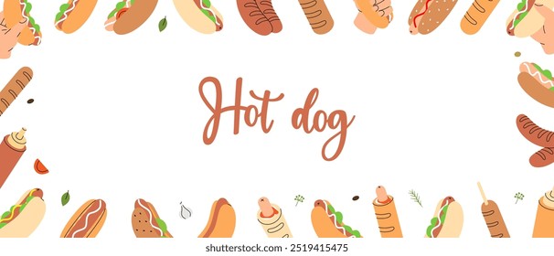 Hot dogs elements in horizontal banner. Tasty fast food. Long buns, sausage, vegetables, sauces. Vector illustration.