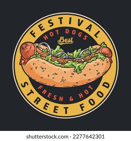 Hot dogs festival vintage colorful logotype with sausage and onion rings in bun sprinkled with sesame seeds vector illustration