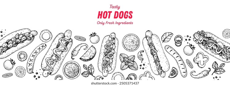 Hot dogs frame. Fast food vector illustration. Hot dog sketch. Hand drawn illustration. Hand drawing sketches