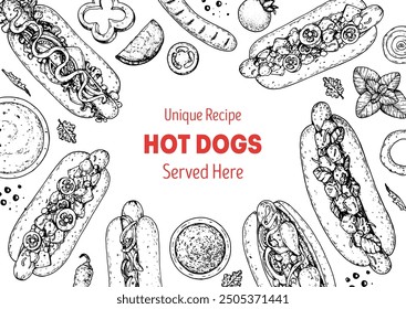 Hot dogs frame. Fast food vector illustration. Hot dog sketch. Hand drawn illustration. Hand drawing sketches	