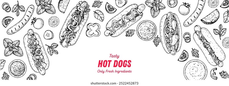 Hot dogs frame. Fast food vector illustration. Hot dog sketch. Hand drawn illustration. Hand drawing sketches	
