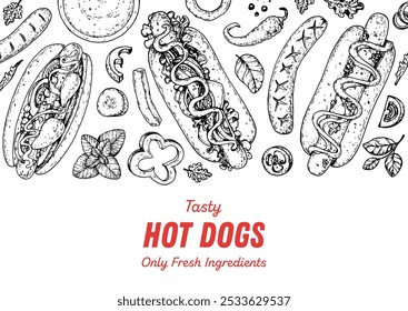 Hot dogs frame. Fast food vector illustration. Hot dog sketch. Hand drawn illustration. Hand drawing sketches	