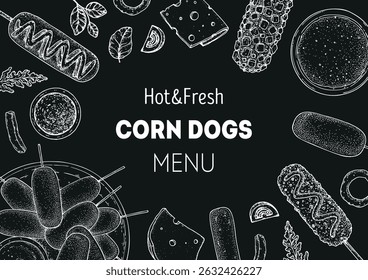Hot dogs frame. Fast food vector illustration. Hot dog sketch. Hand drawn illustration. Hand drawing sketches