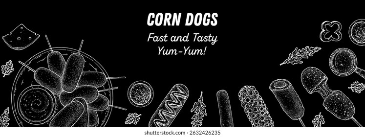 Hot dogs frame. Fast food vector illustration. Hot dog sketch. Hand drawn illustration. Hand drawing sketches
