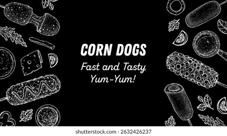 Hot dogs frame. Fast food vector illustration. Hot dog sketch. Hand drawn illustration. Hand drawing sketches