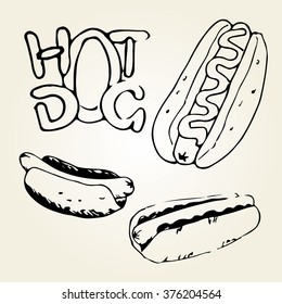 Hot dogs hand drawn illustration. Fast food design elements, sketch of hotdogs with sauce and handwritten label. Monochrome EPS8 vector graphics.