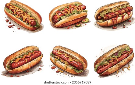 Perros calientes colección de ilustraciones vectoriales dibujadas a mano, salsas sabrosas