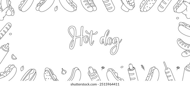Hot dogs horizontal outline banner. American street fast food. Long buns, sausage, vegetables, sauces. Vector illustration.