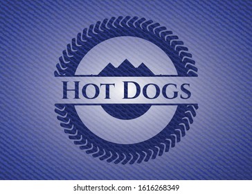 Hot Dogs jean or denim emblem or badge background. Vector Illustration. Detailed.