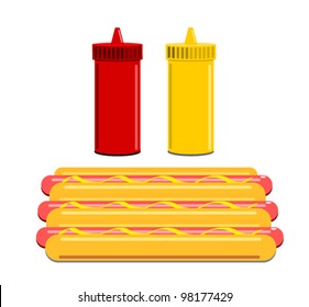 hot dogs with mustard and ketchup bottles