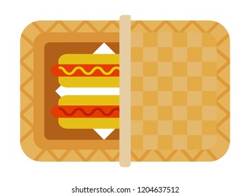 Hot dogs with mustard and ketchup in a straw picnic basket top view vector flat material design isolated on white