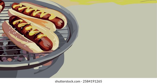 Hot Dogs with Mustard on the Charcoal Grill - Background with Space for Text