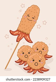 Hot dogs, octopus sausages, Sausage breaded cute characters. Asian food, Japanese food. Vector appetizer illustration poster of fastfood.