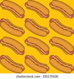 Hot dogs over yellow background. Seamless pattern. Vector hot dogs with mustard. 