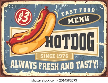 Hot dogs promotional poster design for fast food restaurant. Hotdog with mustard and bread retro vector advertisement. Vintage diner sign with tasty hod dog and various text labels.