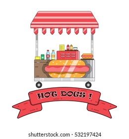 Hot dogs sale.Sausage and roll.Hot dogs and drinks