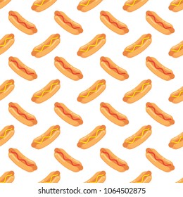 Hot dogs with sausage, tomato ketchup and mustard sauce seamless pattern. Pattern hot dogs on colored background