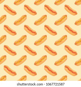 Hot dogs with sausage, tomato ketchup and mustard sauce seamless pattern. Pattern hot dogs on colored background