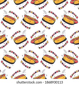 Hot dogs. Seamless pattern on a white background. Cute vector illustration.