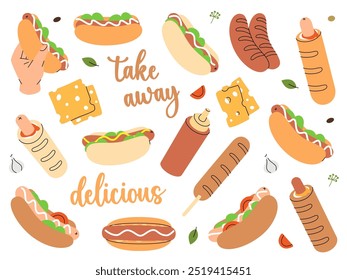 Hot dogs set. Long buns, sausage, vegetables, sauces. Hand drawn elements for cafe menu, restaurants. Vector illustration.