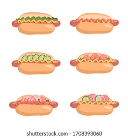 Hot Dogs Set with ready-to-eat snacks with different ingredients isolated on white background. Collection Icon element fast food delicious American fast food with fillings. Flat vector illustration.