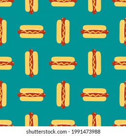 Hot Dogs sign vector seamless pattern background. Fried sausage in bun, mustard cartoon design element. Fast street food icon on blue background wallpaper illustration. Hot Dog Day holiday template