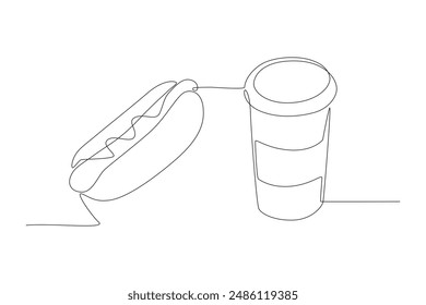 Hot Dogs und Softdrinks. Fast-Food-Konzept Einzeilenzeichnung