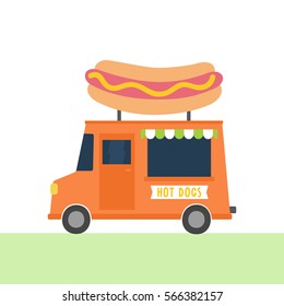 Hot dogs truck. Vector hand drawn illustration. 