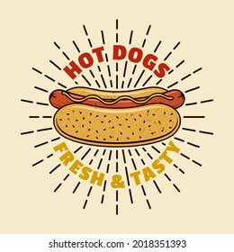 Hot dogs vector colorful emblem, badge, label, sticker or logo with sunburst in cartoon style on light background