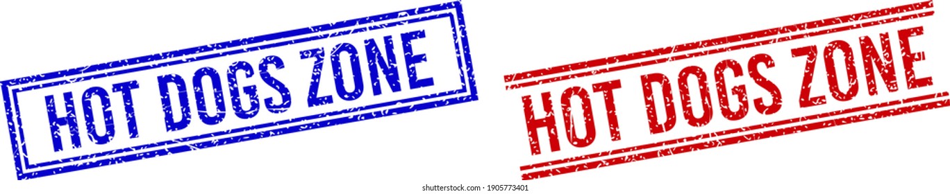 HOT DOGS ZONE stamp seal watermarks with grunge texture. Vectors designed with double lines, in blue and red versions. Phrase placed inside double rectangle frame and parallel lines.