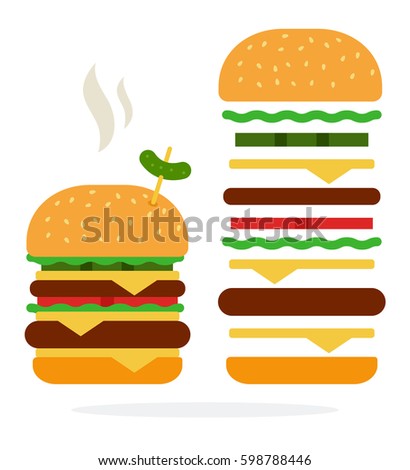 Hot Double burger with cheese and beef and recipe of double burger vector flat material design isolated on white