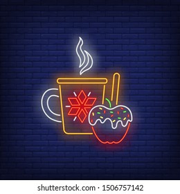 Hot drink and apple in caramel neon sign. Tea, glint wine, dessert. Night bright advertisement. Vector illustration in neon style for poster, banner