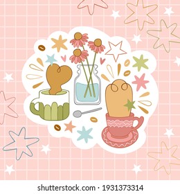 Hot drink art. Coffee and tea sticker. Coffee mug. Tea cup. Flowers in vase and spoon. Stars and hearts. Cartoon drawing. Isolated vector object. Checkered background. 